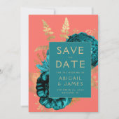 Floral Teal Coral Gold Wedding Save the Date Einladung (Vorderseite)