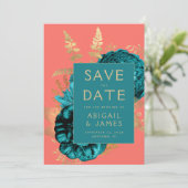 Floral Teal Coral Gold Wedding Save the Date Einladung (Stehend Vorderseite)