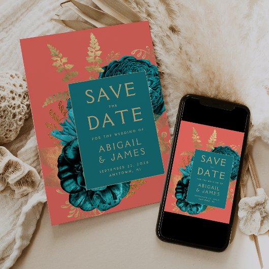 Floral Teal Coral Gold Wedding Save the Date Einladung