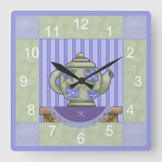 Floral Teapot Quilt Block Clock Quadratische Wanduhr (Vorderseite)