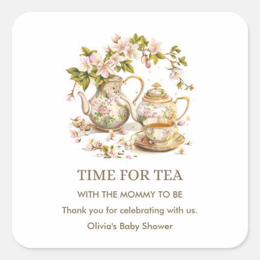 Floral Teapot Time for Tea Baby Shower Quadratischer Aufkleber (Vorderseite)