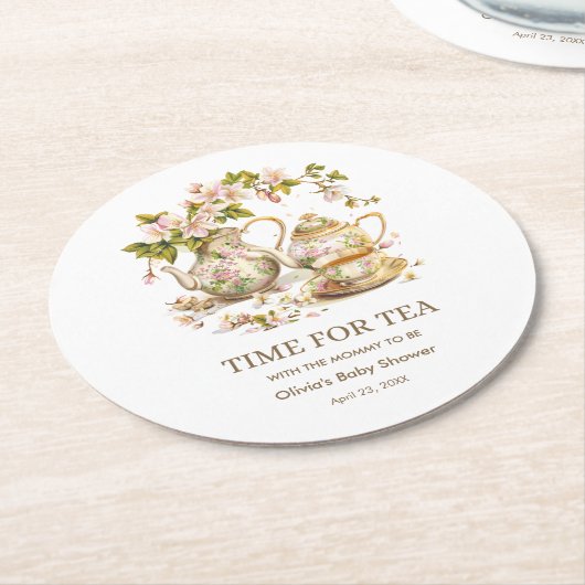 Floral Teapot Time for Tea Baby Shower Runder Pappuntersetzer (Angewinkelt)