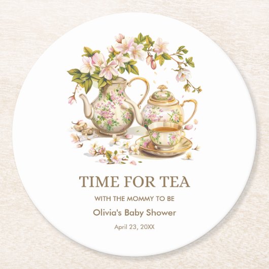 Floral Teapot Time for Tea Baby Shower Runder Pappuntersetzer (Vorderseite)