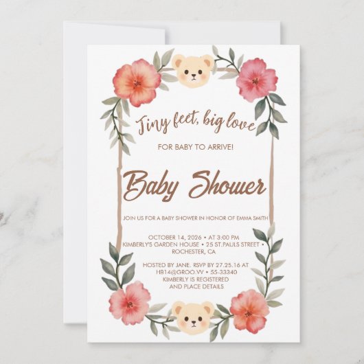  Floral Teddy Bear Baby Shower Invitation Neutral  Einladung (Vorderseite)