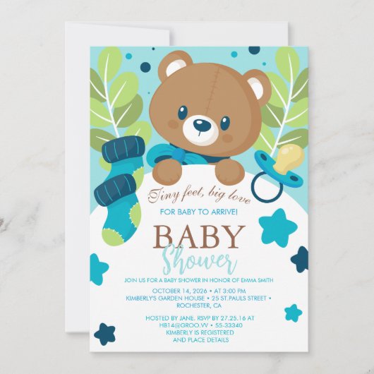  Floral Teddy Bear Baby Shower Invitation Neutral  Einladung (Vorderseite)