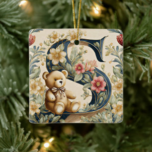 FLoral Teddy Bear Letter S Keramikornament