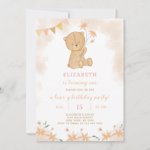 Floral Teddy Birthday Einladung