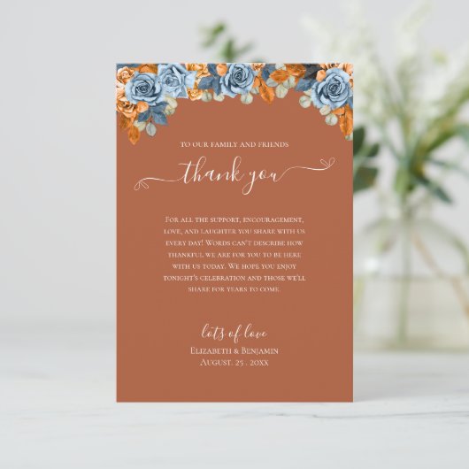 Floral Terracotta Fall Navy Blue Rust Wedding Boho Dankeskarte (Stehend Vorderseite)