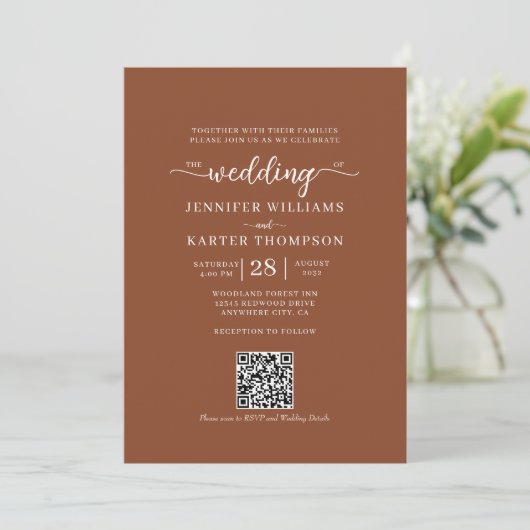 Floral Terracotta Monogramm Foto QR Code Hochzeit Einladung (Stehend Vorderseite)