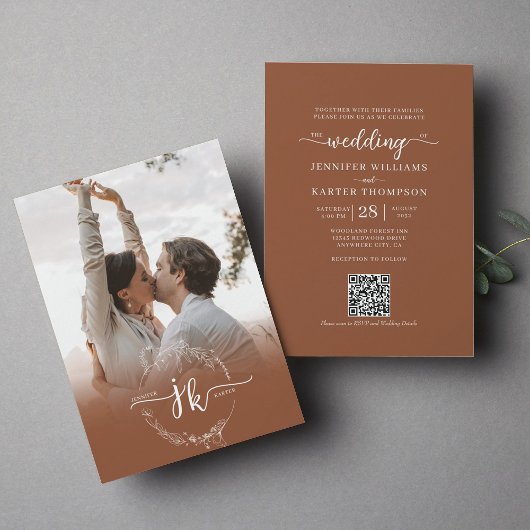 Floral Terracotta Monogramm Foto QR Code Hochzeit Einladung