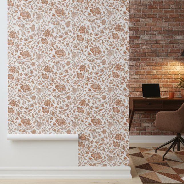 Floral Terracotta Toile Pattern Tapete (Add a touch of rustic charm to your home with this Floral Terracotta Toile Pattern Wallpaper! )