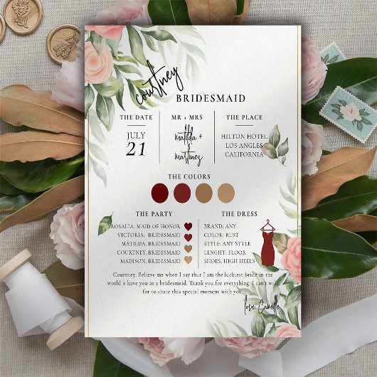 Floral Text Script Bridesmaid Info-Karte