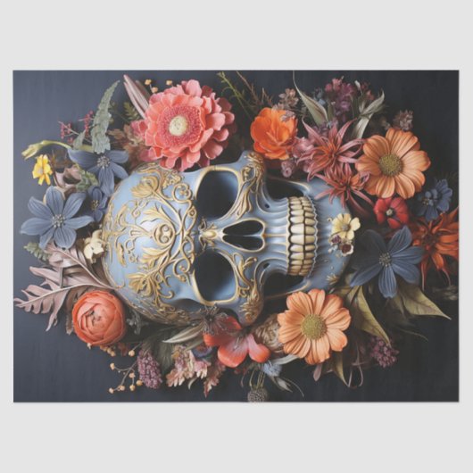 Floral Textrued Skull in Blue Decoupage Seidenpapier (Vorderseite)