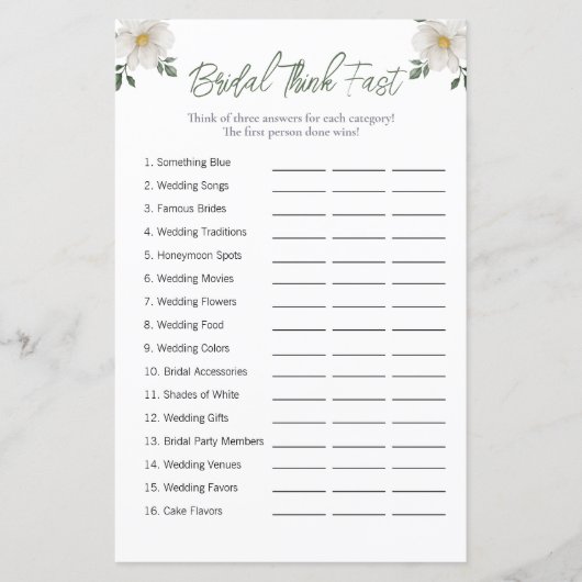 Floral "Think Fast" Bridal Shower Game (Vorderseite)