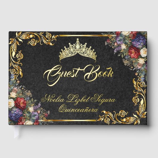 Floral, Tiara & Gold Leaves - Black Gästebuch (Vorderseite)