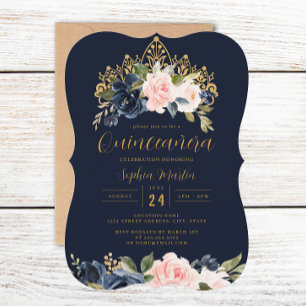 Floral Tiara Navy Blush Quinceanera Einladung
