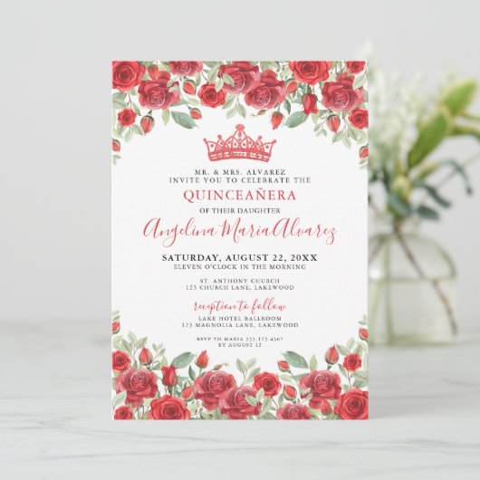 Floral Tiara Red Quinceanera Einladung (Stehend Vorderseite)