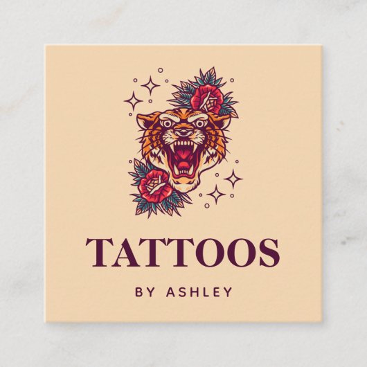 Floral Tiger Stardust Sparkle Giro Tattoo Artist Quadratische Visitenkarte (Vorderseite)