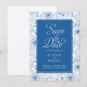 Floral Toile French Blue Chinoiserie Wedding Save The Date (Vorne/Hinten)