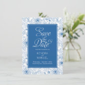 Floral Toile French Blue Chinoiserie Wedding Save The Date (Stehend Vorderseite)