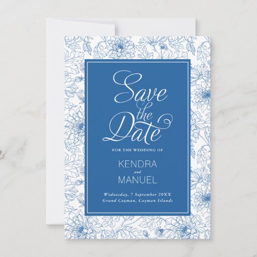 Floral Toile French Blue Chinoiserie Wedding Save The Date (Vorderseite)