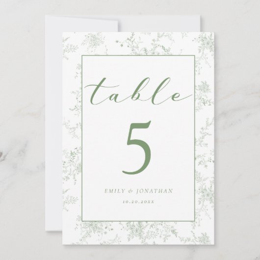 Floral Toile Green Wedding Table Card Einladung (Vorderseite)