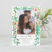 Floral Tropical Beach Foto Save the Date Einladung (Stehend Vorderseite)