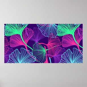 Floral Tropical Gingko Blätter Hintergrund in Neon Poster
