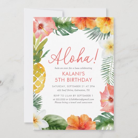 Floral Tropical Luau Birthday Einladung (Vorderseite)
