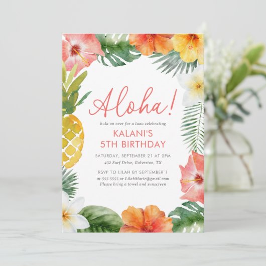 Floral Tropical Luau Birthday Einladung (Stehend Vorderseite)