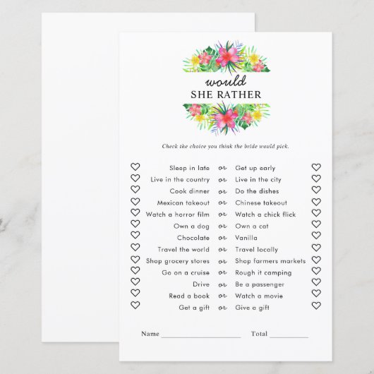 Floral Tropical Paradise Would She Rather Game (Vorne/Hinten)