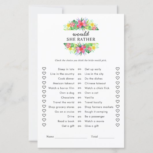 Floral Tropical Paradise Would She Rather Game (Vorderseite)