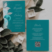 Floral Türkis Silver Glitzer QR Code Hochzeit