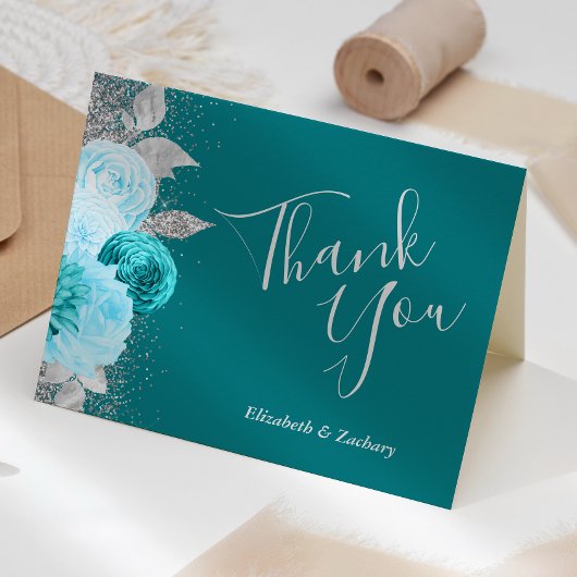 Floral Türkis Silver Wedding Vielen Dank Karte