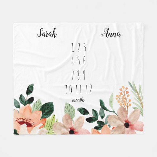 Floral Twin Girls Meilenstein Fleecedecke (Vorderseite (Horizontal))