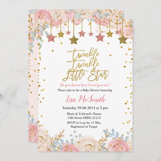 Floral Twinkle Twinkle Little Star Baby Dusche Einladung (Vorne/Hinten)
