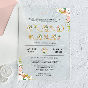 Floral Typografie Anand Karaj Sikh Wedding Acryleinladungen