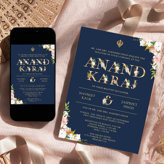 Floral Typografie Navy Anand Karaj Sikh Wedding Einladung