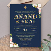 Floral Typografie Navy Anand Karaj Sikh Wedding Einladung