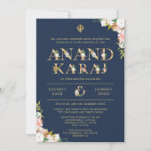 Floral Typografie Navy Anand Karaj Sikh Wedding Einladung (Vorderseite)