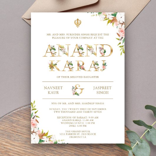 Floral Typografie White Anand Karaj Sikh Wedding Einladung