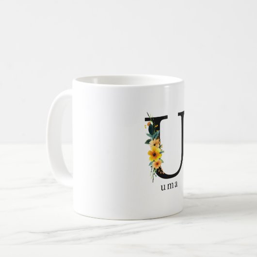 Floral-U-Monogramm-Tasse mit bearbeitbarem Namen Kaffeetasse (Vorderseite Links)
