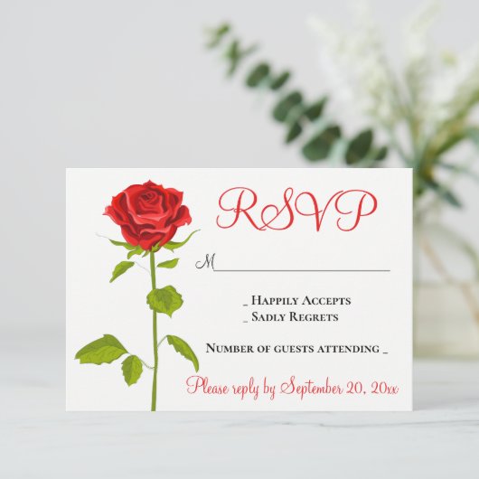 Floral UAWG Rote Rose Hochzeit Romantische Blume RSVP Karte (Stehend Vorderseite)