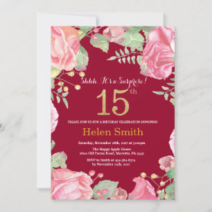 Floral Überraschung 15. Geburtstag Gold Burgundy R Einladung