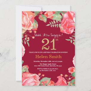 Floral Überraschung 21. Geburtstag Gold Burgundy R Einladung