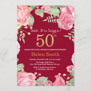 Floral Überraschung 50. Geburtstag Gold Burgundy R Einladung