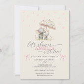 Floral Umbrella Elephant Baby Girl Shower Einladung (Vorderseite)