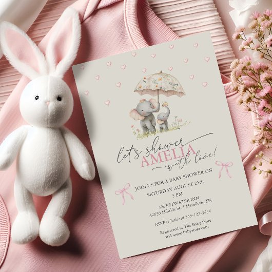 Floral Umbrella Elephant Baby Girl Shower Einladung