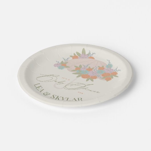 Floral Umbrella Neutral Unisex Baby Dusche Pappteller (Schrägansicht)