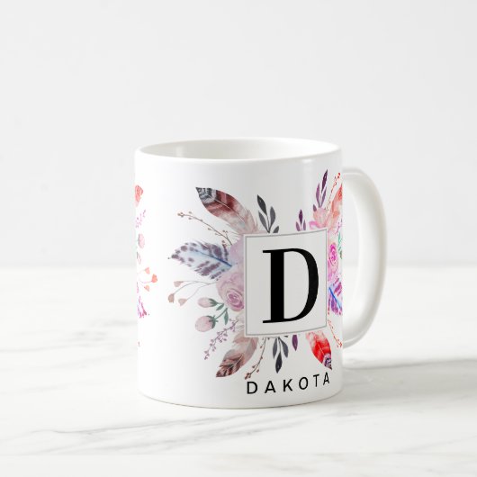 Floral und Blume Boho Monogram und Name Design Kaffeetasse (VorderseiteRechts)